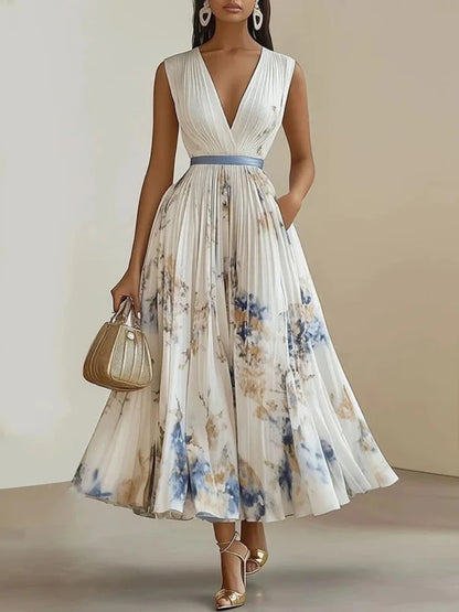 Sleeveless Floral Print High Waist A-Line Pleated Dress