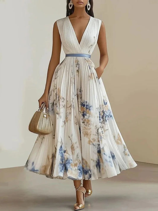 Sleeveless Floral Print High Waist A-Line Pleated Dress