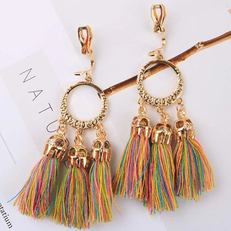 Trendy Bohemian Statement Tassel Clip On Earrings
