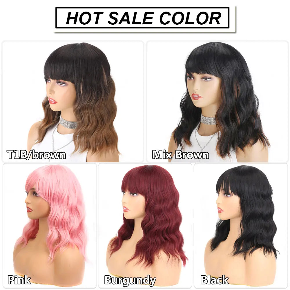 14" Soft Wavy Pink Wig With Bangs