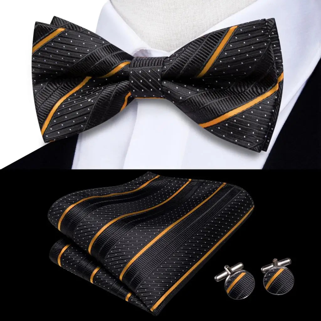 Solid Silk Bow Tie Hanky Cuff Links Set