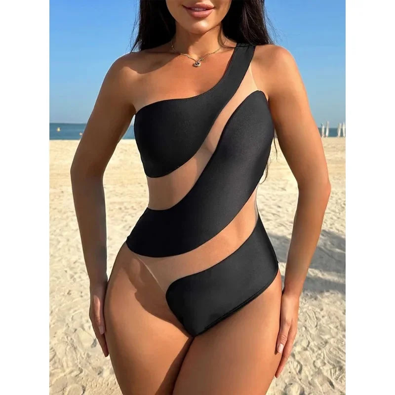 Black One Piece One Shoulder Swimwear