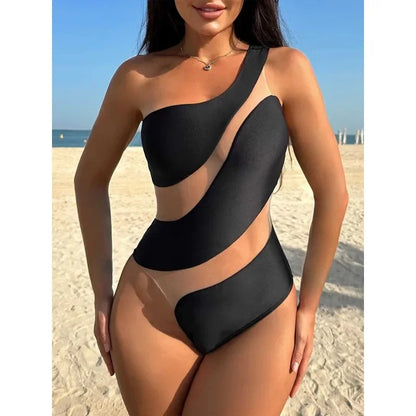 Black One Piece One Shoulder Swimwear