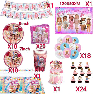 Pink Robloxed Theme Birthday Party Decorations Tableware Balloons Cups Plates Banner Backdrop Set
