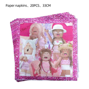 Pink Robloxed Theme Birthday Party Decorations Tableware Balloons Cups Plates Banner Backdrop Set
