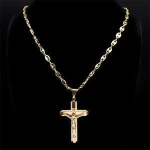 Stainless Steel Gold Color Crucifix Pendant Necklace