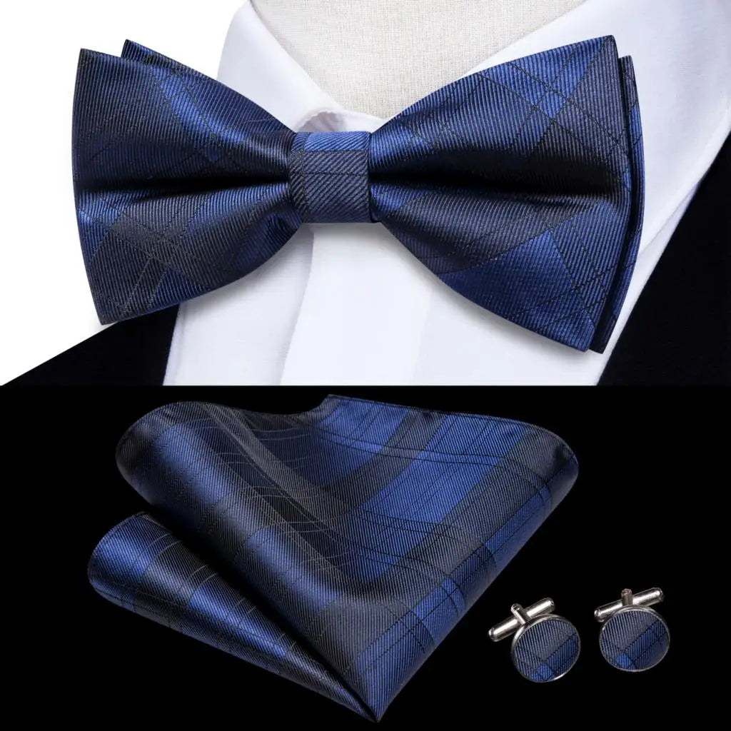 Solid Silk Bow Tie Hanky Cuff Links Set