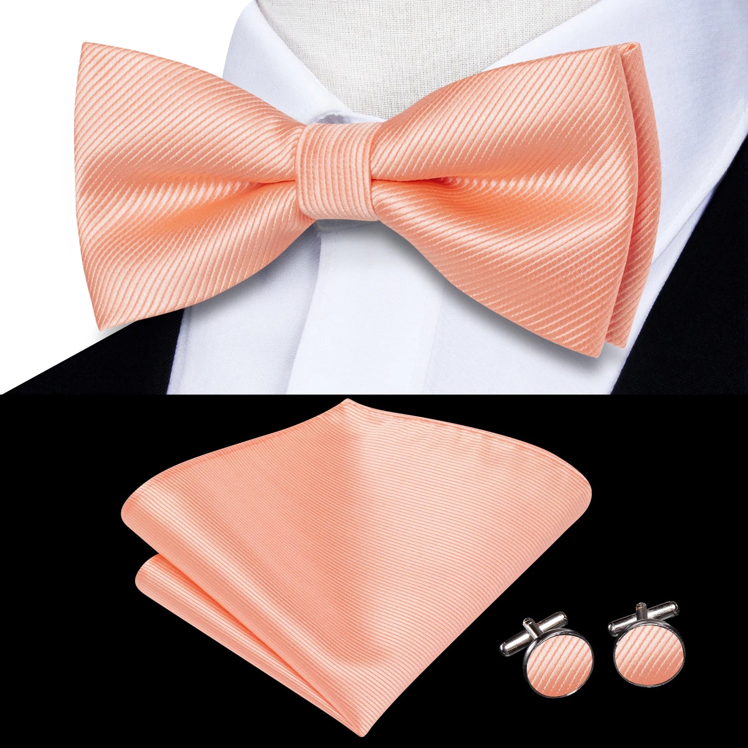 Solid Silk Bow Tie Hanky Cuff Links Set