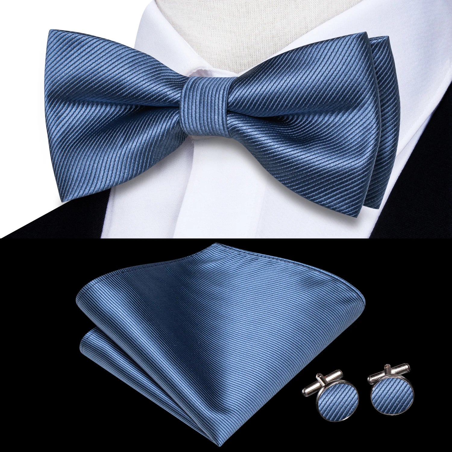 Solid Silk Bow Tie Hanky Cuff Links Set