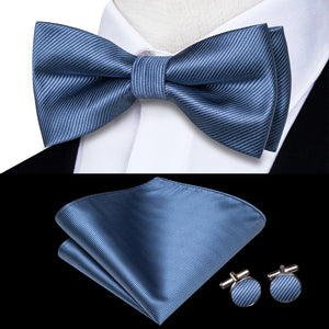 Solid Silk Bow Tie Hanky Cuff Links Set