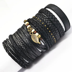 10 Pcs/set Black Wrap Woven Handmade Leather Bracelets