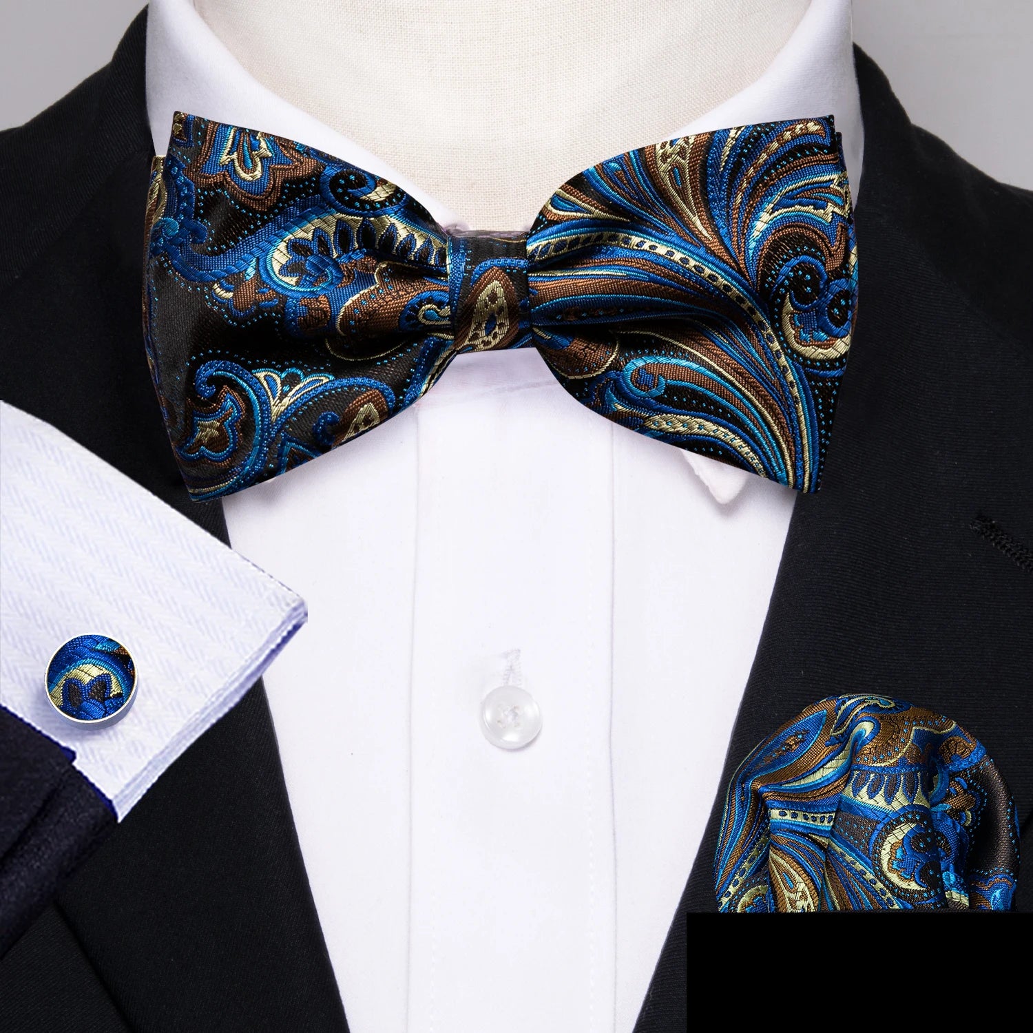 Barry.Wang Silk Bow Tie Hanky Cuffs Set