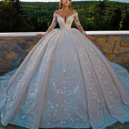Beaded Appliques Sequined Off Shoulder Wedding Dress with Pleat Sweep Train