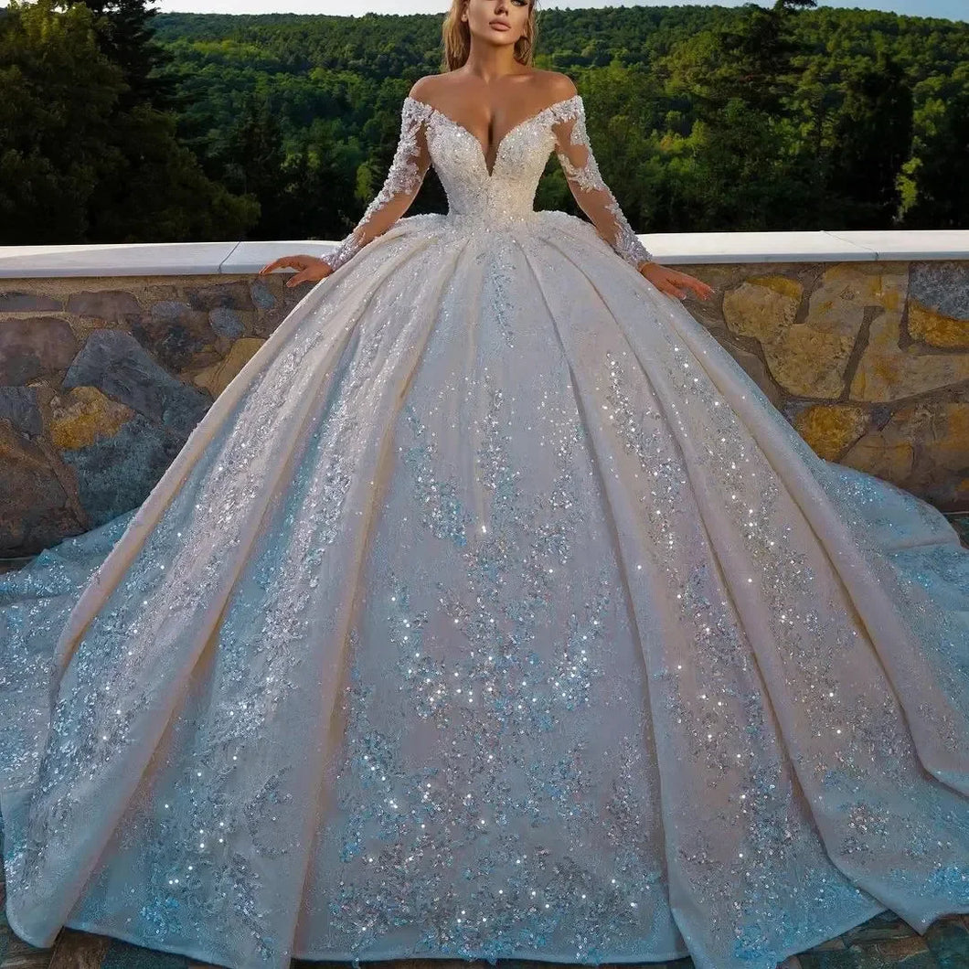 Beaded Appliques Sequined Off Shoulder Wedding Dress with Pleat Sweep Train