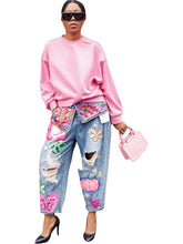 D8685  Fashion Print Loose Fit Distressed Jeans