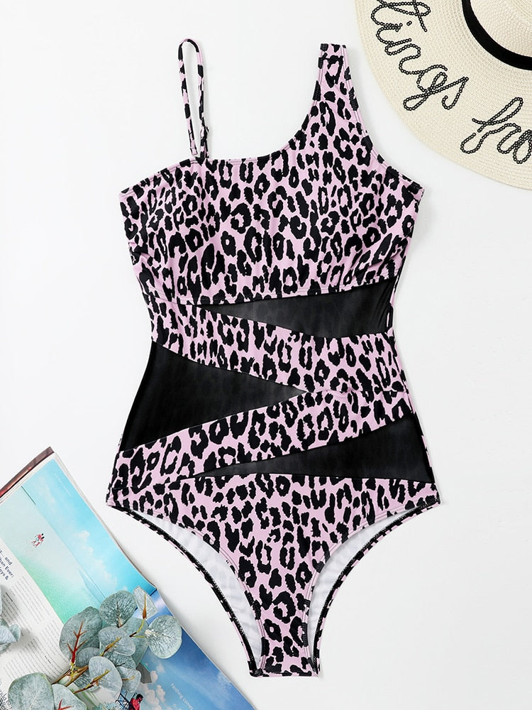 One Piece Mesh Stomach Solid Color Bathing Suit