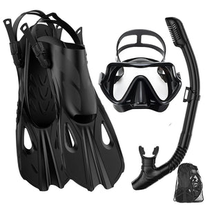 Mask Fin Snorkel Set Panoramic View Mask Adjustable Dive Flipper Dry Top Snorkel and Travel Bag