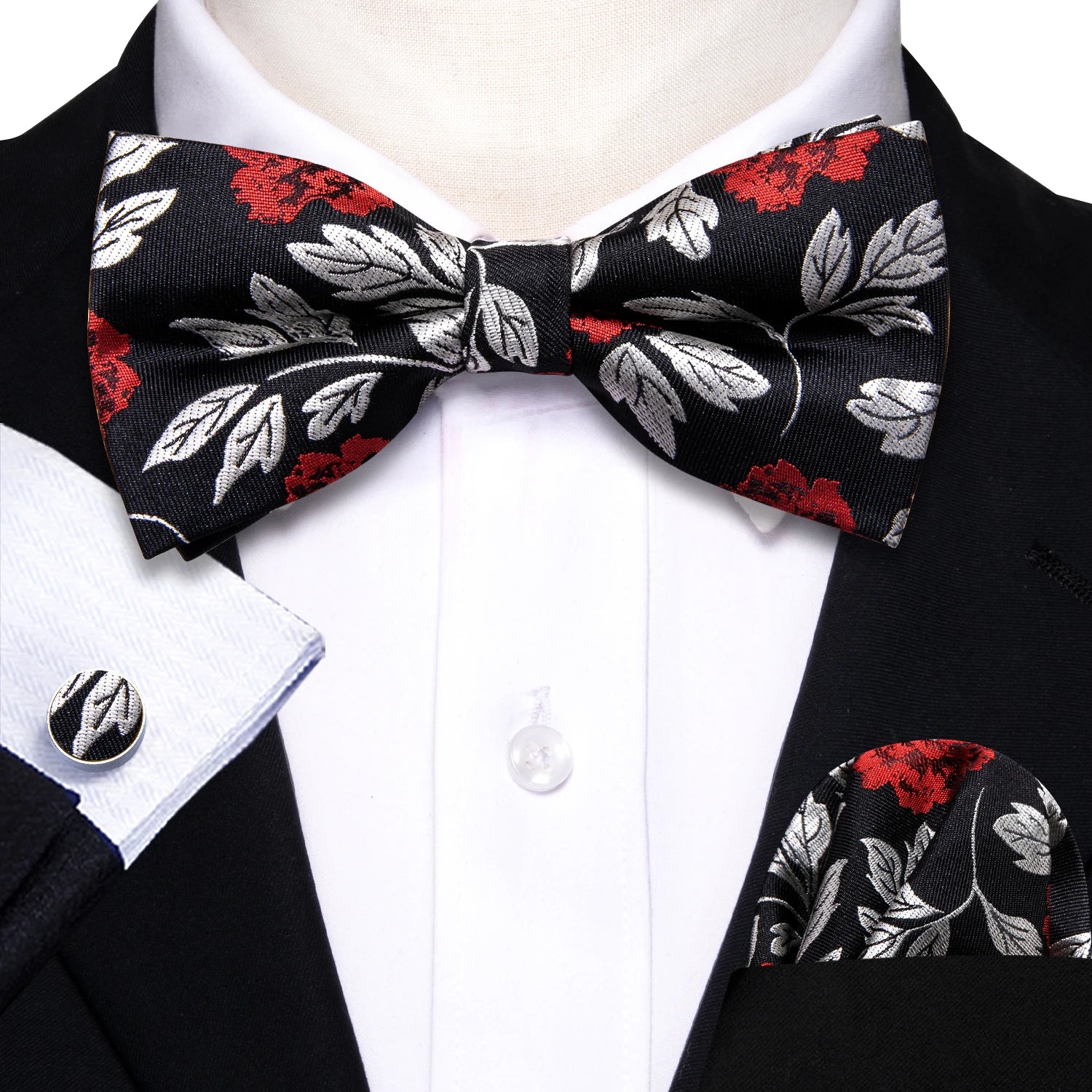Barry.Wang Silk Bow Tie Hanky Cuffs Set