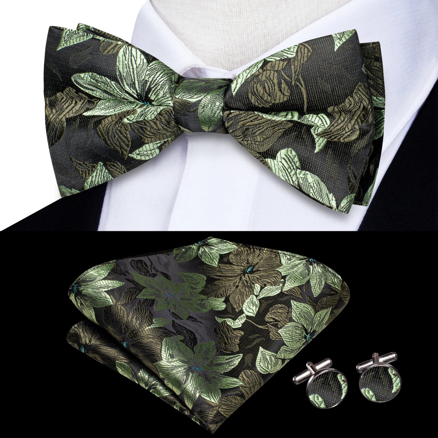 Solid Silk Bow Tie Hanky Cuff Links Set