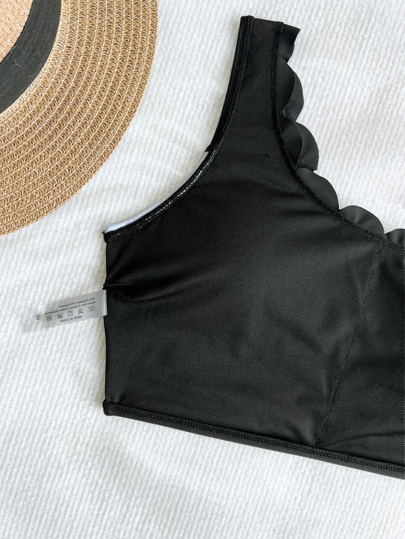 Black & White Patchwork Ruffled One Shoulder High Waist Swimsuit