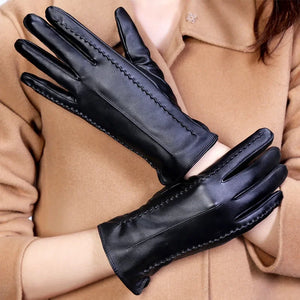 Sheepskin Warm Plush Velvet Short Thin Screen Leather Gloves