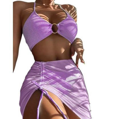Solid Color 3Pce Bikini With Adjustable Drawstring