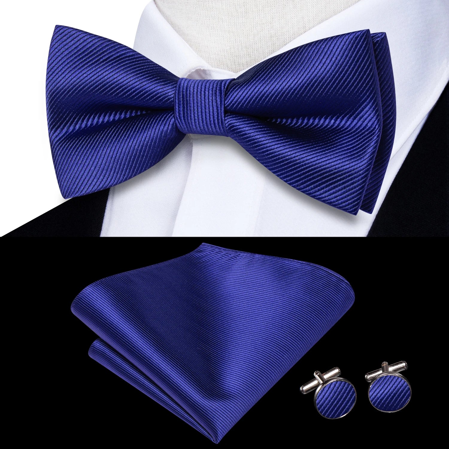 Solid Silk Bow Tie Hanky Cuff Links Set