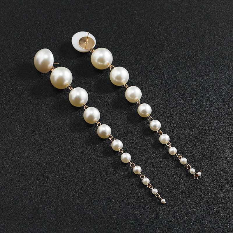 Elegant Gradient Handmade Simulated Pearl Tasseled Long Dangle Earrings