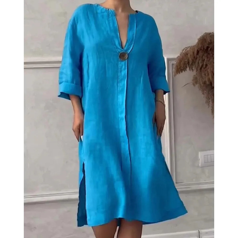 Loose V-neck Two Side Slit Pullover Dress