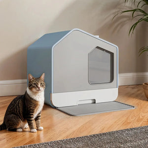 Odor-Free Hooded Cat Litter Box with Mat, Scoop, and Durable Plastic Material