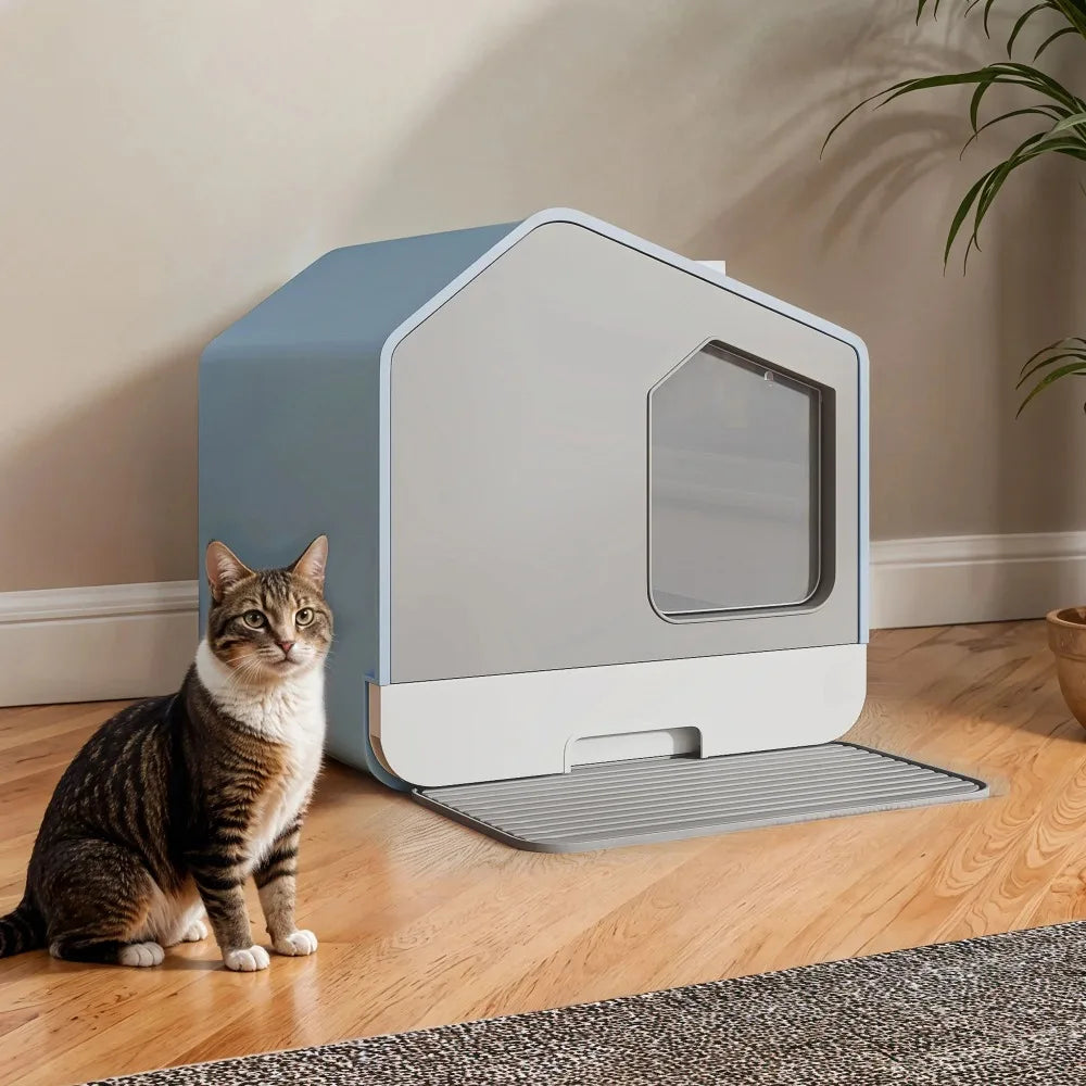 Odor-Free Hooded Cat Litter Box with Mat, Scoop, and Durable Plastic Material