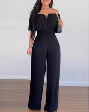 Off Shoulder Plain Short Sleeve Shirred Waist Wide Leg Jumpsuit