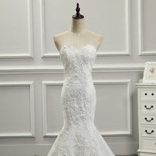 Long Train Lace Appliqued Strapless Slim-Line Sleeveless Wedding Dress