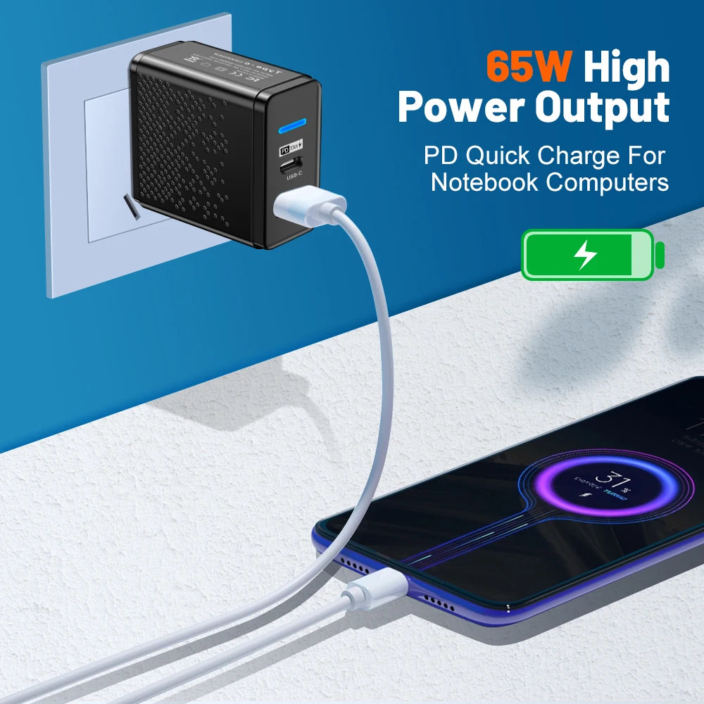 65W USB C Charger PD QC 3.0 Type C USB Fast Charging Wall Adapter For iPhone
