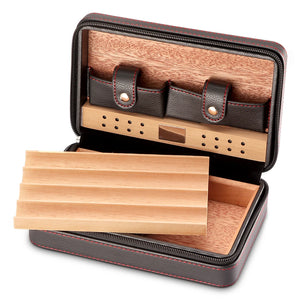 Cedar Wood Leather Cigar Case W/wo Lighter Cutter