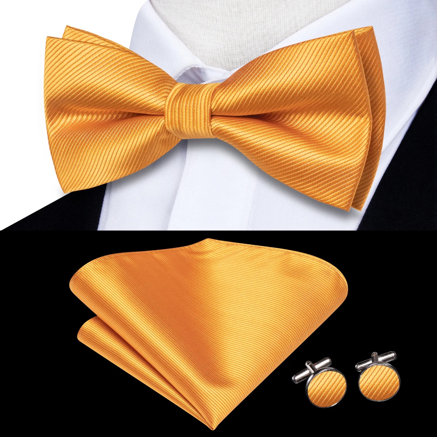 Solid Silk Bow Tie Hanky Cuff Links Set