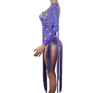 Queen's Style Purple Glitter Sparkle Tassel Jumpsuit Costume