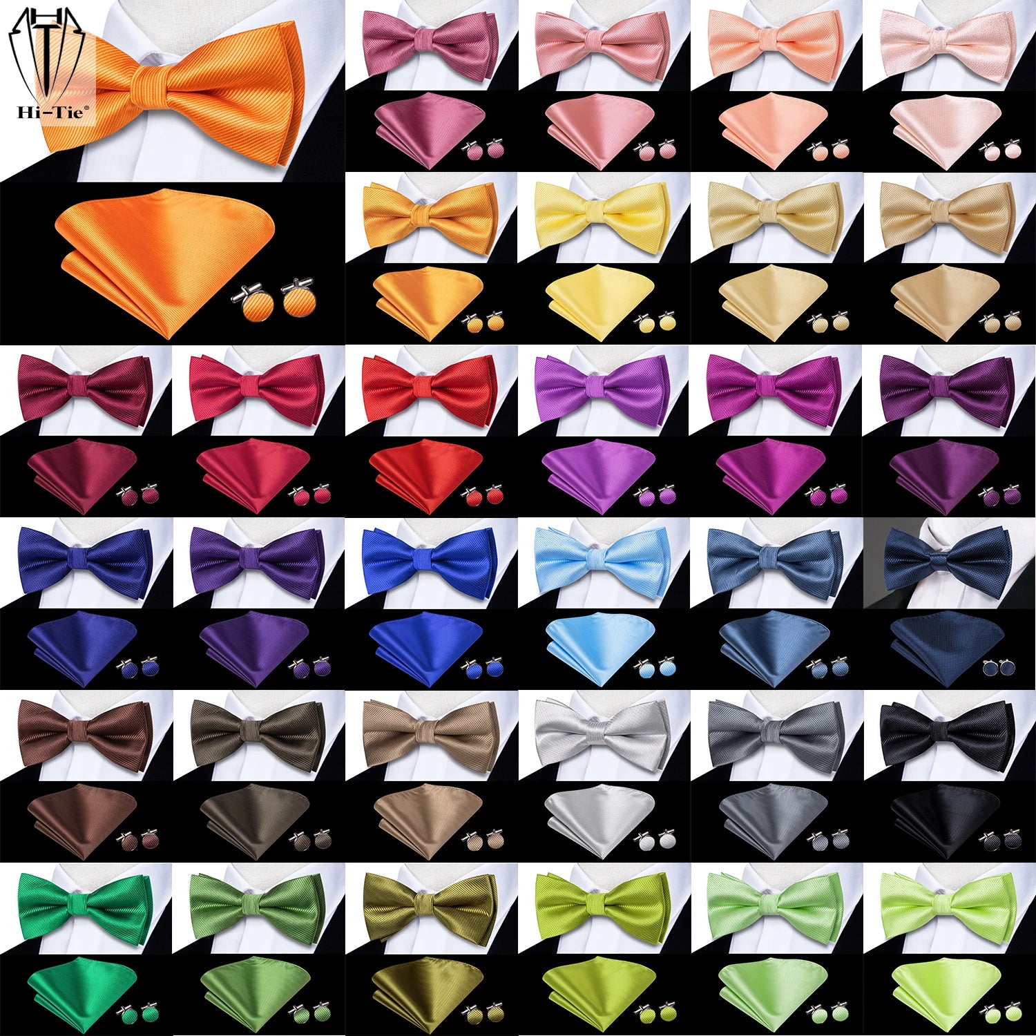 Solid Silk Bow Tie Hanky Cuff Links Set