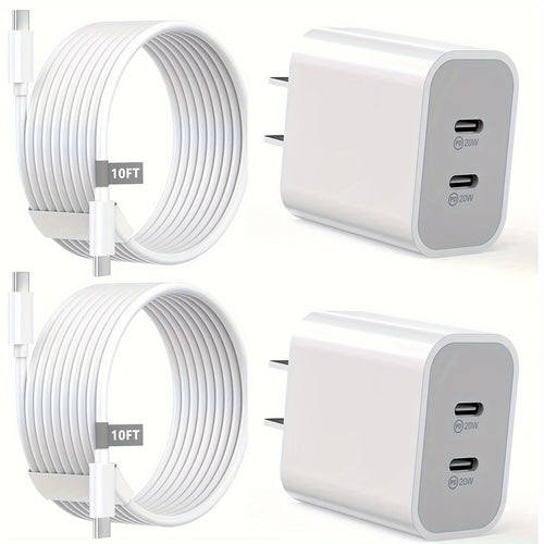 10FT Fast 20W Dual Port USB C Charging Block with Extra Long USB C to C Charging Cable