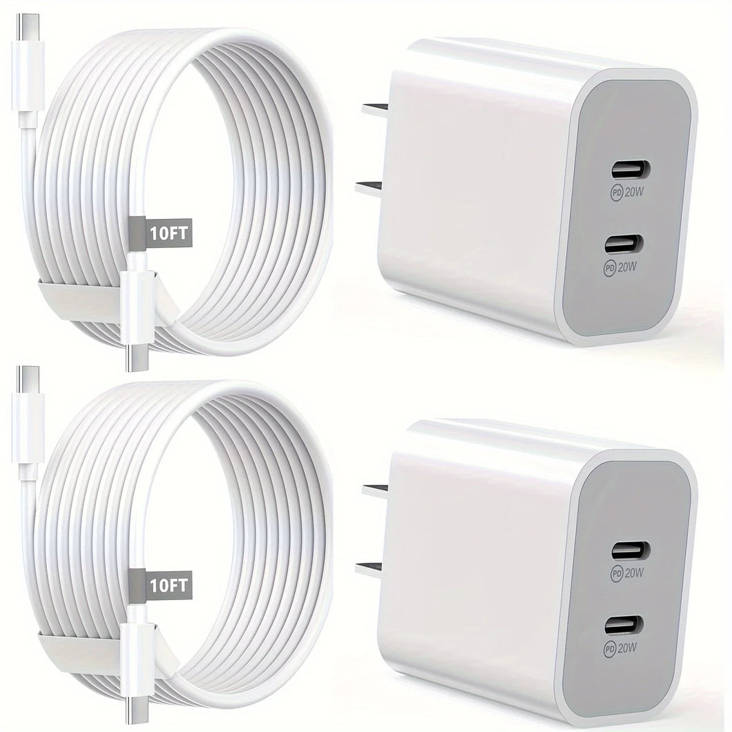 10FT Fast 20W Dual Port USB C Charging Block with Extra Long USB C to C Charging Cable