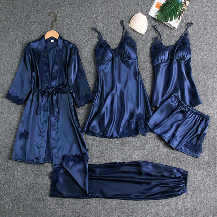 Navy Blue 6PC Satin Sleep Pajamas Gown Set Clearance 1 Left