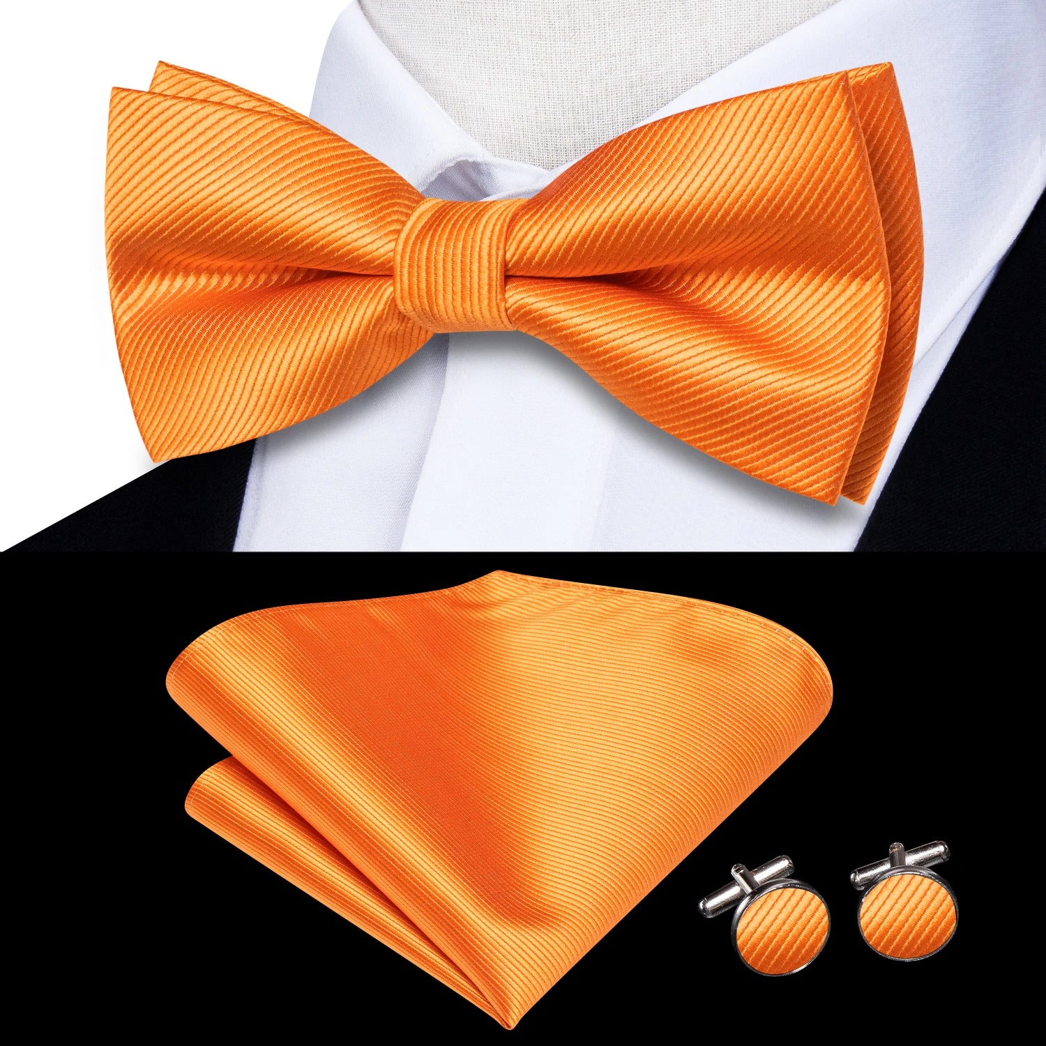 Solid Silk Bow Tie Hanky Cuff Links Set