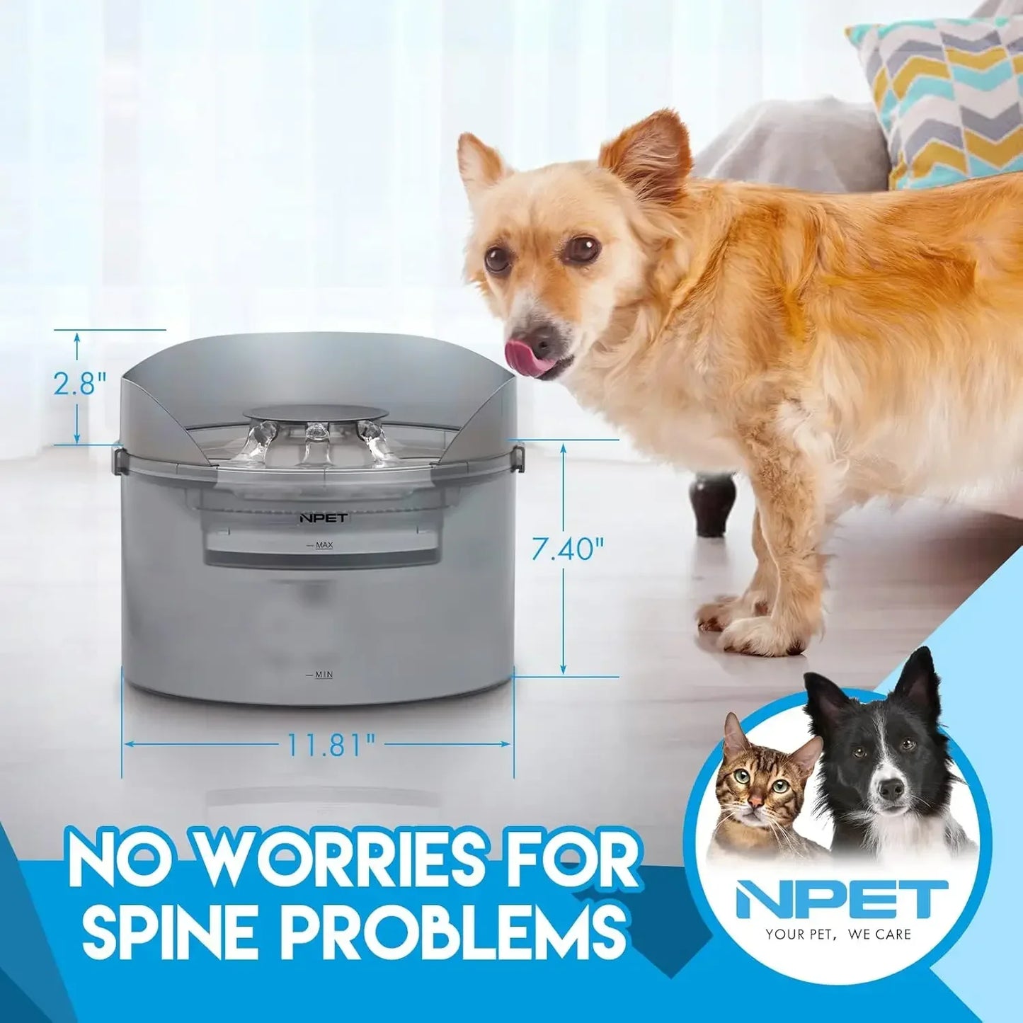 NPET Fountain 2 Gallon/270oz/8L Large Automatic Pet Water Dispenser with Splatter Guard