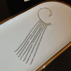 Long Tassel Crystal Chain Ear Cuff Clip Earrings