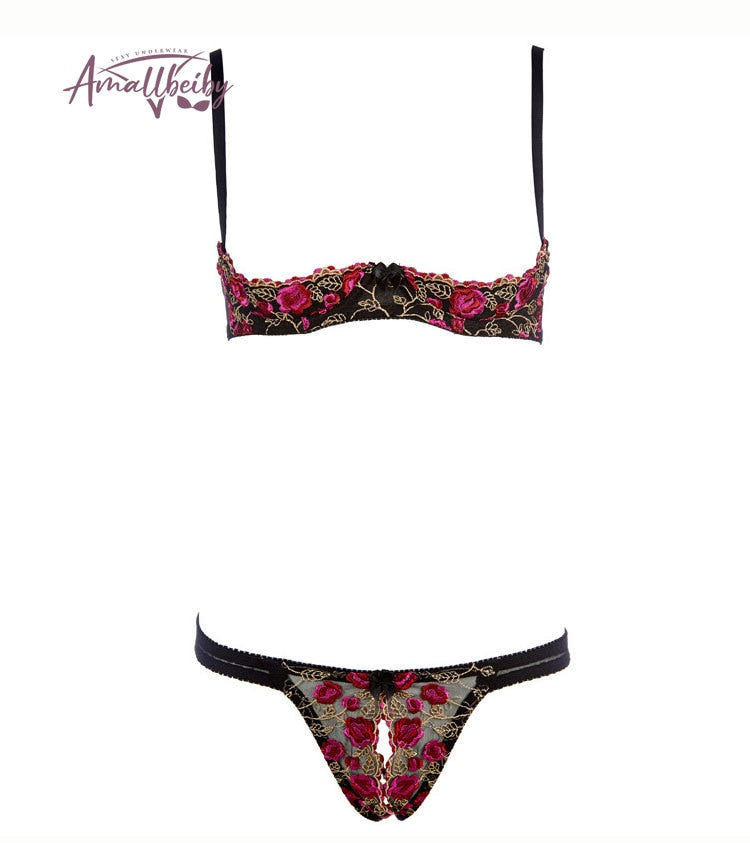 Floral Embroidered Lace Cupless Bra & Open Thong Set