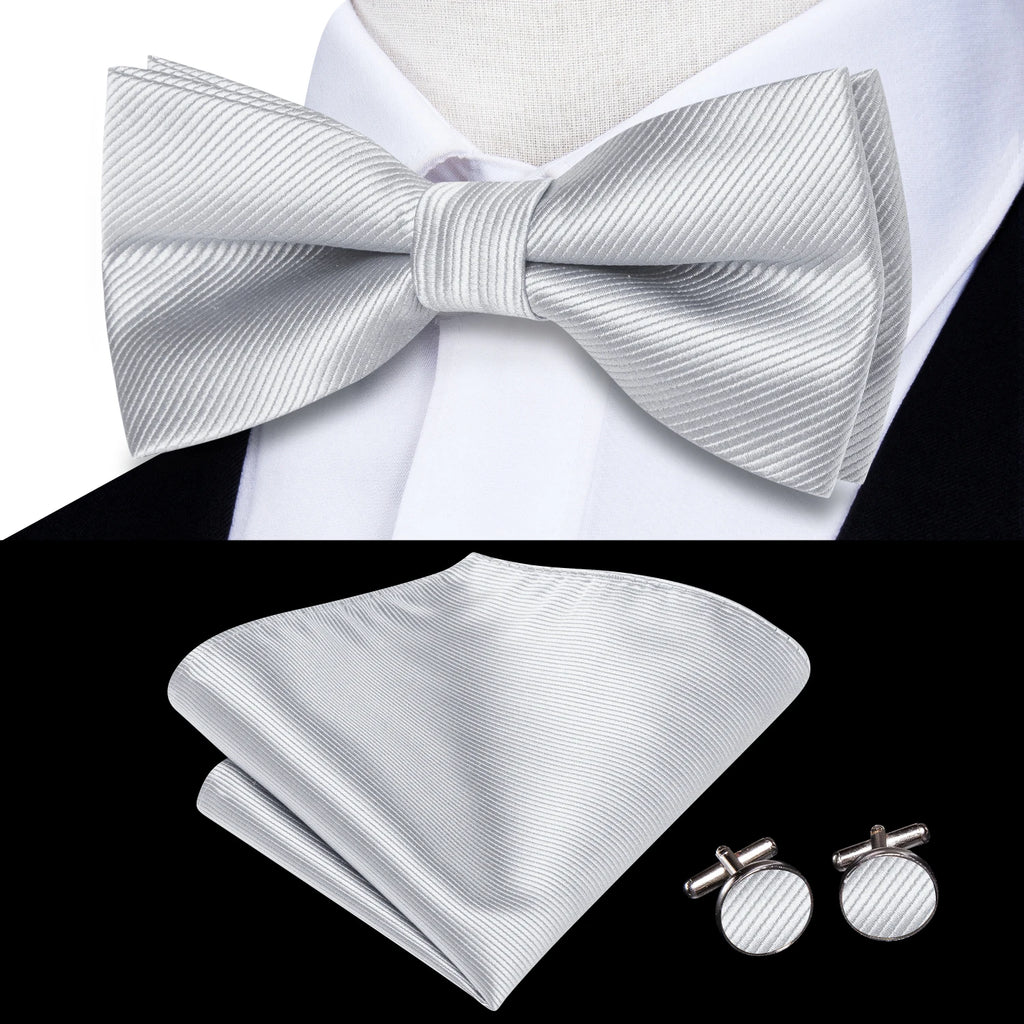 Solid Silk Bow Tie Hanky Cuff Links Set