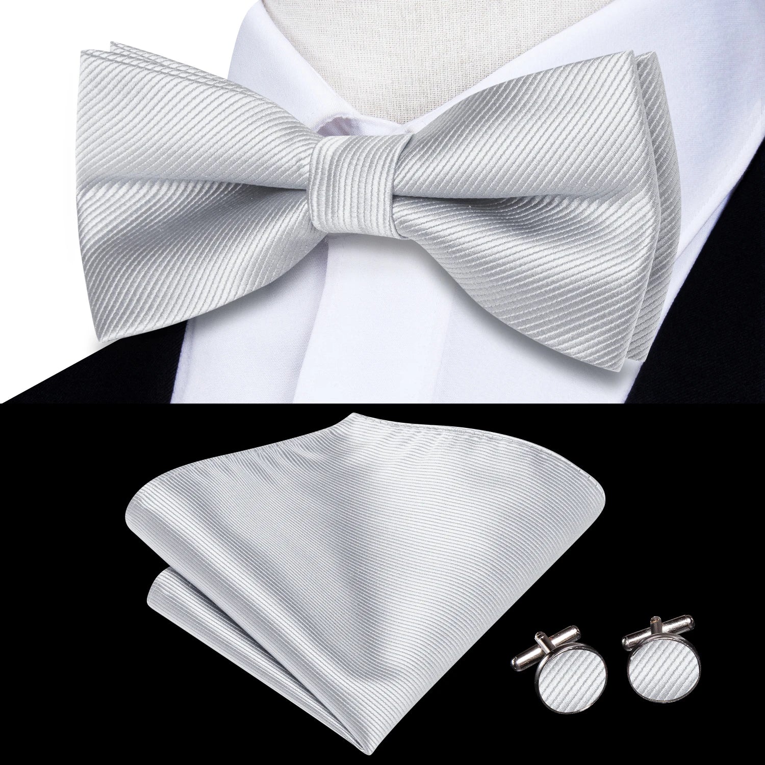 Solid Silk Bow Tie Hanky Cuff Links Set