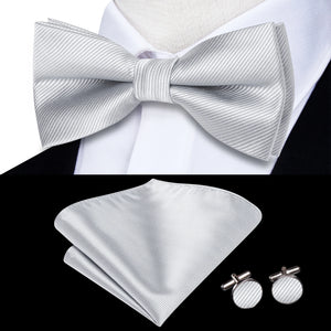 Solid Silk Bow Tie Hanky Cuff Links Set