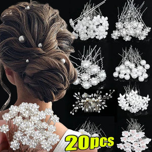 20pcs Elegant Pearl Crystal U-shaped Meta Hairpins