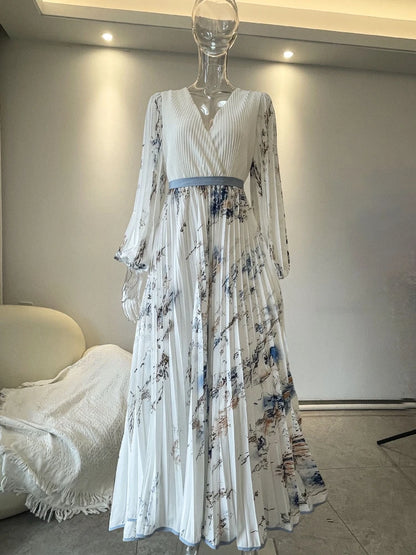 Sleeveless Floral Print High Waist A-Line Pleated Dress
